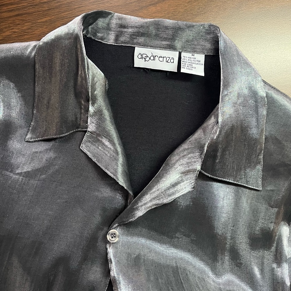 90s Apparenza Liquid Metallic Silver Blouse Button-Up Shirt Size M